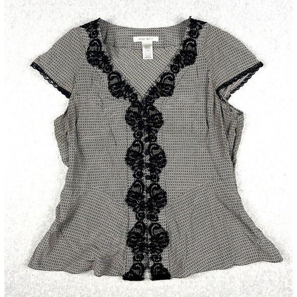 Nine West 100% Silk Lace Trim V Neck Blouse Womens Medium Black - Picture 3 of 14
